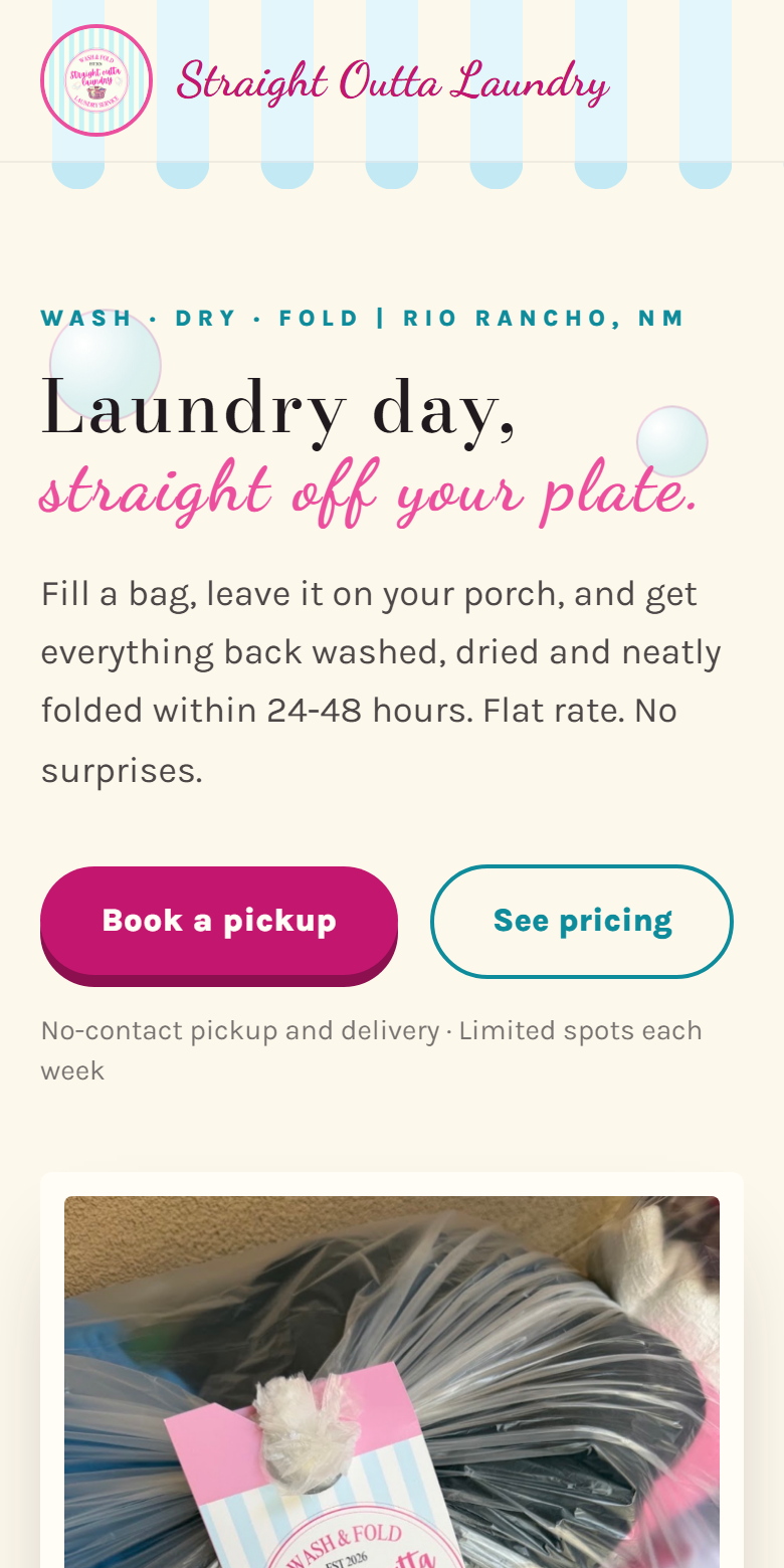 Straight Outta Laundry's live booking site on a phone